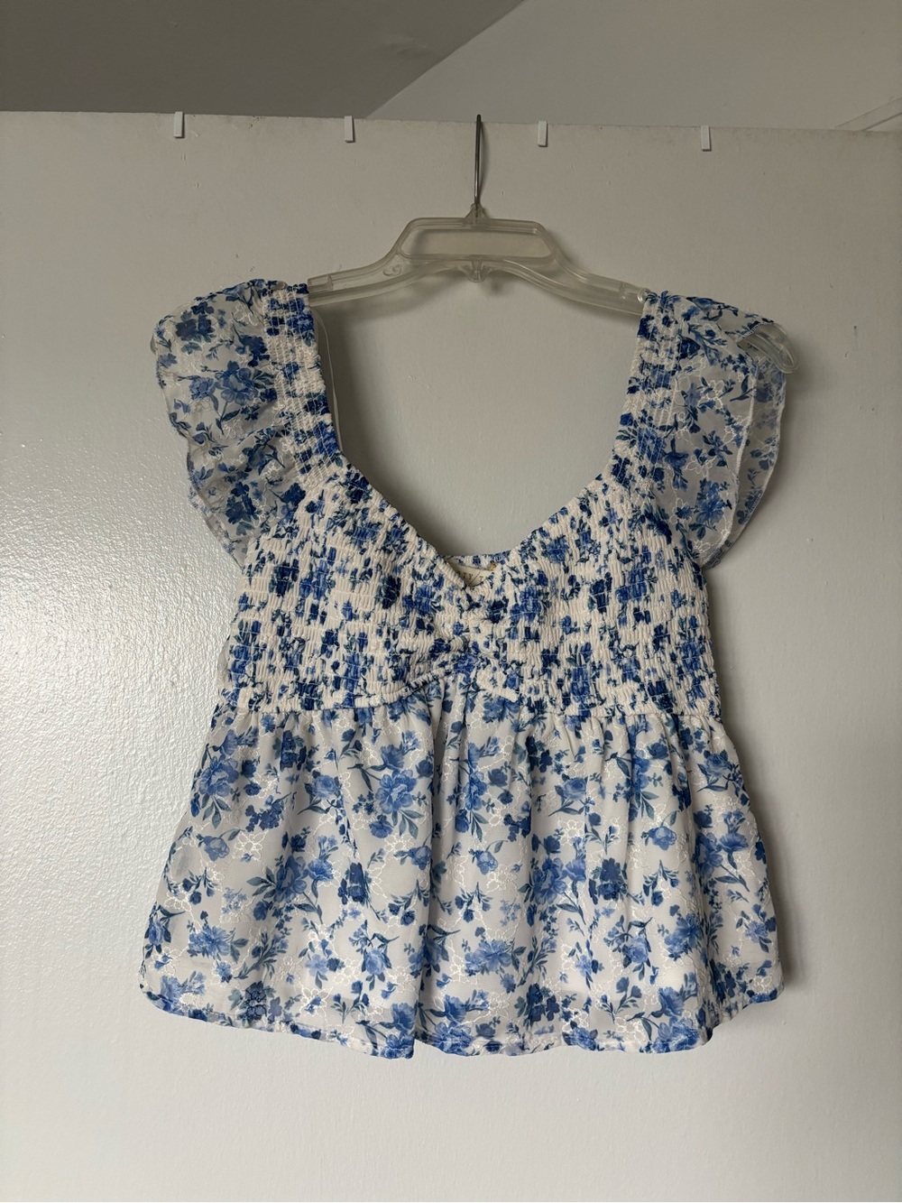 Blue Floral Smocked Peplum Blouse & Hair Bow - Women's